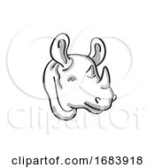 Poster, Art Print Of Black Rhinoceros Endangered Wildlife Cartoon Mono Line Drawing