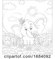 Baby Elephant With A Butterfly And Spring Flowers