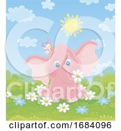 Baby Elephant With A Butterfly And Spring Flowers