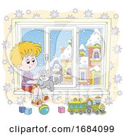 Poster, Art Print Of Boy And Cat At A Winter Window