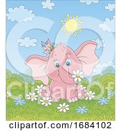 Poster, Art Print Of Baby Elephant With A Butterfly And Spring Flowers