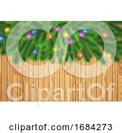 Poster, Art Print Of 3d Christmas Tree Branches With Lights On A Wooden Texture