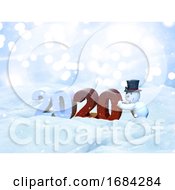 Poster, Art Print Of 3d Christmas Snow Landscape With Snowman Bringing The New Year In