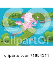 Poster, Art Print Of Pink Dragon Flying Over Islands