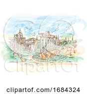 Watercolor Remains Of Temples In Foro Romano Rome Italy
