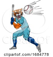 Tiger Baseball Player Mascot Swinging Bat At Ball by AtStockIllustration