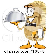 Scrub Brush Mascot Cartoon Character Serving A Dinner Platter While Waiting Tables