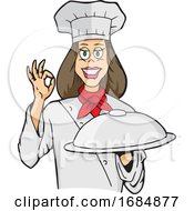Poster, Art Print Of Happy Female Chef Holding A Cloche