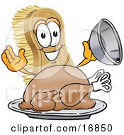 Scrub Brush Mascot Cartoon Character Serving A Cooked Thanksgiving Turkey On A Platter
