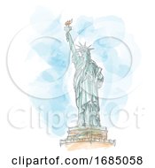 Statue Of Liberty Hand Draw On Watercolor Background