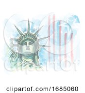 Poster, Art Print Of Watercolor Sketch Of Statue Of Liberty Face With Flag