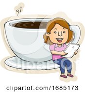 Poster, Art Print Of Teen Girl Coffee Cup Tablet Illustration