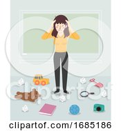 Poster, Art Print Of Girl Teacher Stressed Classroom Mess Illustration