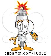 Spark Plug Mascot Cartoon Character Looking Through A Magnifying Glass