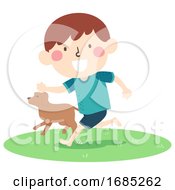 Kid Boy Run Barefoot Grass Dog Illustration