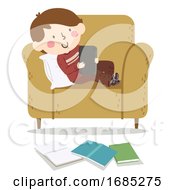 Poster, Art Print Of Kid Boy Procrastinating Study Tablet Illustration