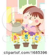 Poster, Art Print Of Kid Girl Water Flower Plant Classroom Illustration