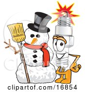 Spark Plug Mascot Cartoon Character With A Snowman On Christmas