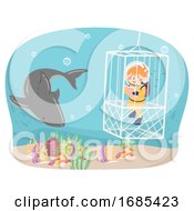 Poster, Art Print Of Kid Girl Oceanography Shark Cage Illustration