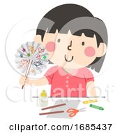Kid Girl Paper Fan Craft Illustration