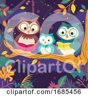 Owl Read Books Night Tree Illustration