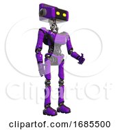 Poster, Art Print Of Robot Containing Dual Retro Camera Head And Retro Tech Device Head And Light Chest Exoshielding And Ultralight Chest Exosuit And Ultralight Foot Exosuit Purple Facing Left View