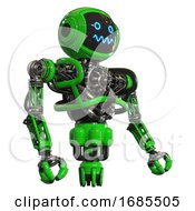 Poster, Art Print Of Droid Containing Digital Display Head And Stunned Expression And Heavy Upper Chest And No Chest Plating And Jet Propulsion Green Facing Left View