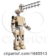 Poster, Art Print Of Automaton Containing Dual Retro Camera Head And Wireless Internet Transmitter Head And Light Chest Exoshielding And Prototype Exoplate Chest And Prototype Exoplate Legs Off-White Facing Left View