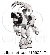 Poster, Art Print Of Automaton Containing Flat Elongated Skull Head And Heavy Upper Chest And Heavy Mech Chest And Light Leg Exoshielding And Spike Foot Mod White Facing Left View