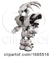 Poster, Art Print Of Automaton Containing Flat Elongated Skull Head And Heavy Upper Chest And Heavy Mech Chest And Light Leg Exoshielding And Spike Foot Mod White Facing Right View