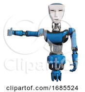 Poster, Art Print Of Cyborg Containing Humanoid Face Mask And Light Chest Exoshielding And Ultralight Chest Exosuit And Jet Propulsion Blue Arm Out Holding Invisible Object