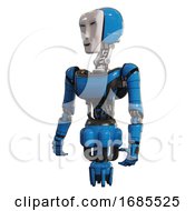 Poster, Art Print Of Cyborg Containing Humanoid Face Mask And Light Chest Exoshielding And Ultralight Chest Exosuit And Jet Propulsion Blue Standing Looking Right Restful Pose