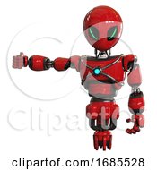 Poster, Art Print Of Android Containing Grey Alien Style Head And Green Demon Eyes And Light Chest Exoshielding And Blue Energy Core And Jet Propulsion Red Arm Out Holding Invisible Object