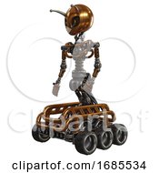 Poster, Art Print Of Android Containing Grey Alien Style Head And Metal Grate Eyes And Bug Antennas And Light Chest Exoshielding And No Chest Plating And Six-Wheeler Base Copper Facing Right View