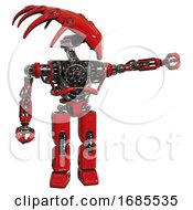 Poster, Art Print Of Cyborg Containing Flat Elongated Skull Head And Heavy Upper Chest And No Chest Plating And Prototype Exoplate Legs Red Pointing Left Or Pushing A Button