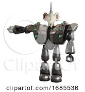 Poster, Art Print Of Cyborg Containing Bird Skull Head And Red Line Eyes And Heavy Upper Chest And Heavy Mech Chest And Green Cable Sockets Array And Light Leg Exoshielding Metal Arm Out Holding Invisible Object