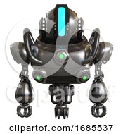 Poster, Art Print Of Automaton Containing Round Head And Large Vertical Visor And Head Light Gadgets And Heavy Upper Chest And Chest Green Energy Cores And Jet Propulsion Metal Front View