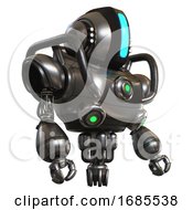 Poster, Art Print Of Automaton Containing Round Head And Large Vertical Visor And Head Light Gadgets And Heavy Upper Chest And Chest Green Energy Cores And Jet Propulsion Metal Facing Left View