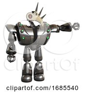 Poster, Art Print Of Cyborg Containing Bird Skull Head And Red Line Eyes And Heavy Upper Chest And Heavy Mech Chest And Green Cable Sockets Array And Light Leg Exoshielding Metal Pointing Left Or Pushing A Button