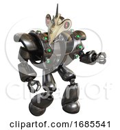 Poster, Art Print Of Cyborg Containing Bird Skull Head And Red Line Eyes And Heavy Upper Chest And Heavy Mech Chest And Green Cable Sockets Array And Light Leg Exoshielding Metal Fight Or Defense Pose