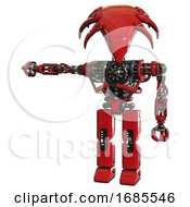 Poster, Art Print Of Cyborg Containing Flat Elongated Skull Head And Heavy Upper Chest And No Chest Plating And Prototype Exoplate Legs Red Arm Out Holding Invisible Object