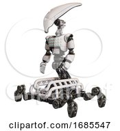 Poster, Art Print Of Automaton Containing Flat Elongated Skull Head And Light Chest Exoshielding And Chest Green Blue Lights Array And Insect Walker Legs White Facing Right View