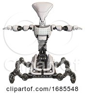 Poster, Art Print Of Automaton Containing Flat Elongated Skull Head And Light Chest Exoshielding And Chest Green Blue Lights Array And Insect Walker Legs White T-Pose