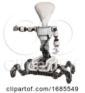 Poster, Art Print Of Automaton Containing Flat Elongated Skull Head And Light Chest Exoshielding And Chest Green Blue Lights Array And Insect Walker Legs White Arm Out Holding Invisible Object