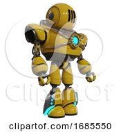 Poster, Art Print Of Android Containing Round Head And Three Lens Sentinel Visor And Heavy Upper Chest And Chest Blue Energy Core And Light Leg Exoshielding And Megneto-Hovers Foot Mod Yellow Facing Left View
