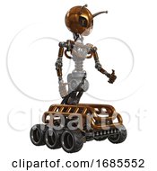 Poster, Art Print Of Android Containing Grey Alien Style Head And Metal Grate Eyes And Bug Antennas And Light Chest Exoshielding And No Chest Plating And Six-Wheeler Base Copper Facing Left View