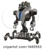 Poster, Art Print Of Bot Containing Techno Multi-Eyed Domehead Design And Heavy Upper Chest And Blue Shield Defense Design And Insect Walker Legs Metal Standing Looking Right Restful Pose