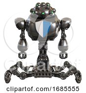 Poster, Art Print Of Bot Containing Techno Multi-Eyed Domehead Design And Heavy Upper Chest And Blue Shield Defense Design And Insect Walker Legs Metal Front View