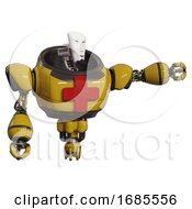 Poster, Art Print Of Android Containing Humanoid Face Mask And Heavy Upper Chest And First Aid Chest Symbol And Jet Propulsion Yellow Pointing Left Or Pushing A Button