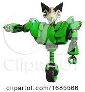 Poster, Art Print Of Cyborg Containing Bird Skull Head And Yellow Led Protruding Eyes And Robobeak Design And Heavy Upper Chest And Heavy Mech Chest And Battle Mech Chest And Unicycle Wheel Green